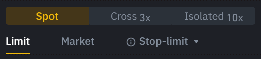 Binance Spot, Cross Margin and Isolated Margin Tab