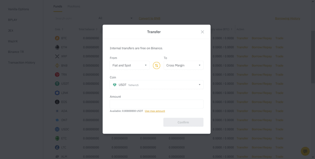 Deposit funds in your Binance margin account
