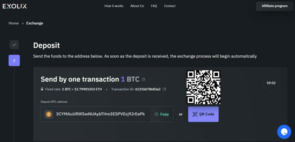 Send BTC to receive ETH