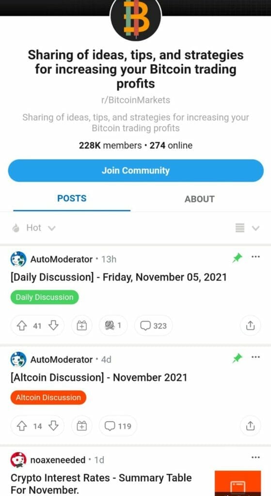 3rd Best Crypto Exchange reddit communities: r/BitcoinMarkets