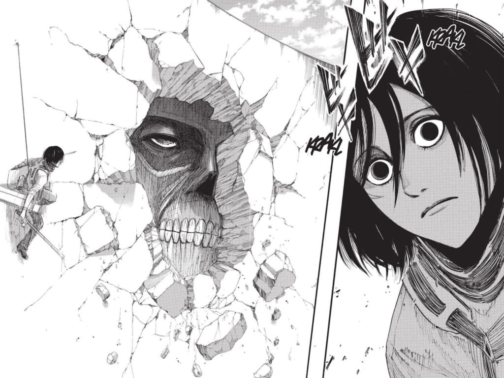 Best Manga Panels EVER MADE | The EMOTIONAL CLIFFHANGERS! 3 Attack on Titan: The reveal of the colossal Titan's face within Wall Maria.